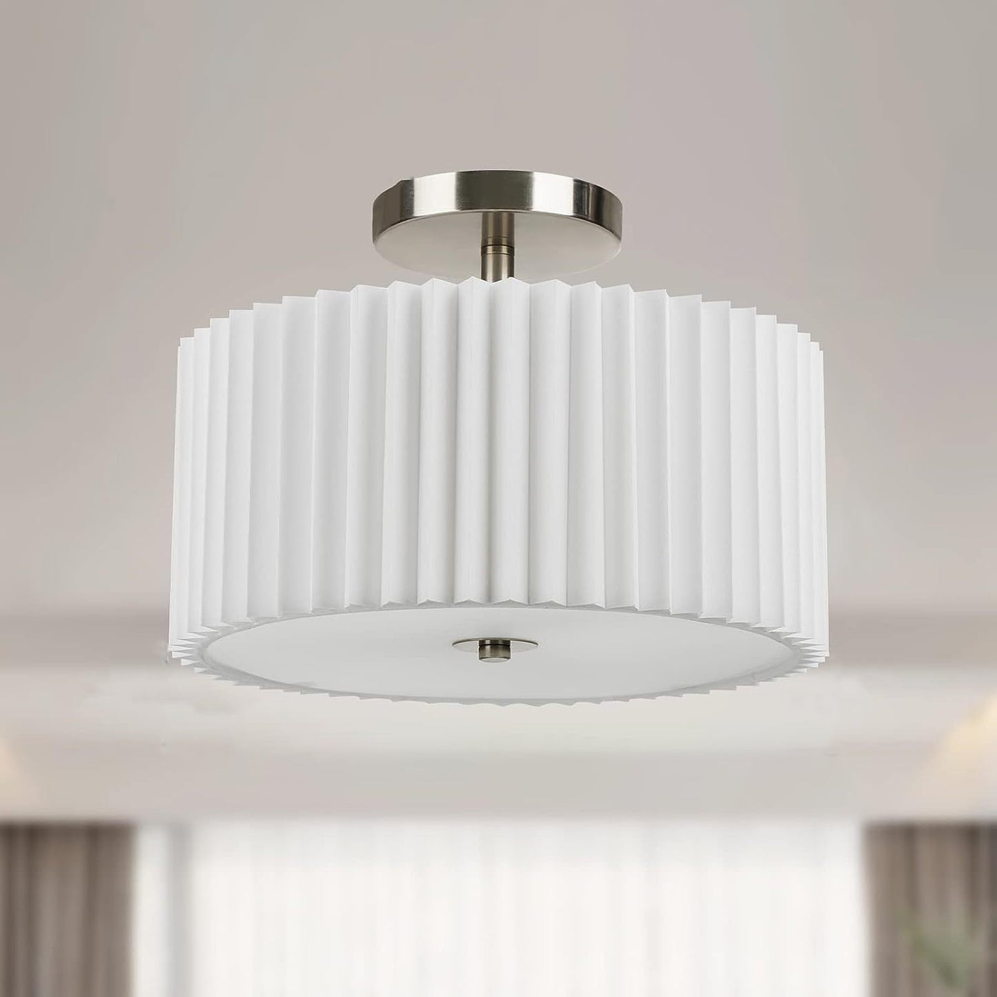 Modern Minimalist Pleated Round Cylinder Metal Fabric Acrylic 3-Light Semi-Flush Mount Ceiling Light For Bedroom
