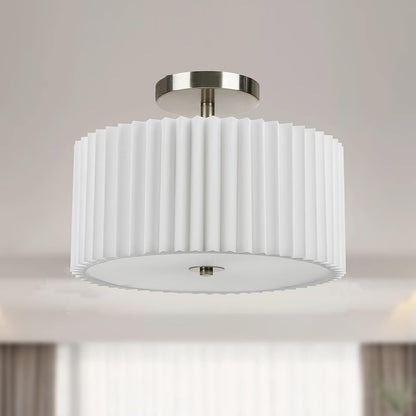 Modern Minimalist Pleated Round Cylinder Metal Fabric Acrylic 3-Light Semi-Flush Mount Ceiling Light For Bedroom