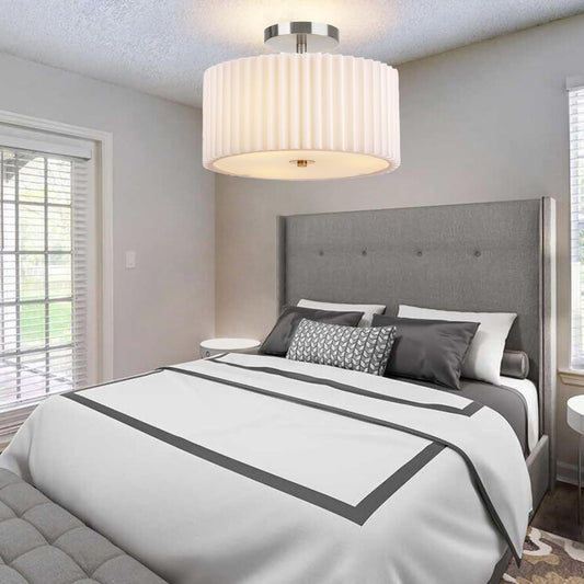 Modern Minimalist Pleated Round Cylinder Metal Fabric Acrylic 3-Light Semi-Flush Mount Ceiling Light For Bedroom