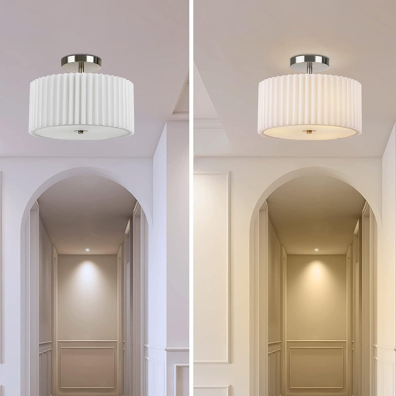 Modern Minimalist Pleated Round Cylinder Metal Fabric Acrylic 3-Light Semi-Flush Mount Ceiling Light For Bedroom