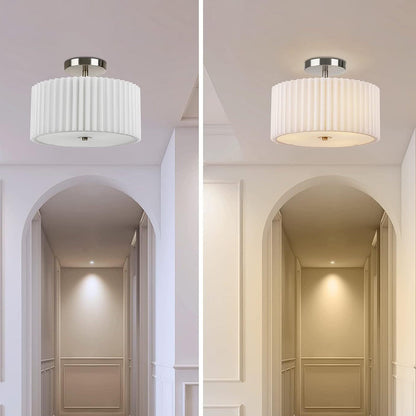 Modern Minimalist Pleated Round Cylinder Metal Fabric Acrylic 3-Light Semi-Flush Mount Ceiling Light For Bedroom