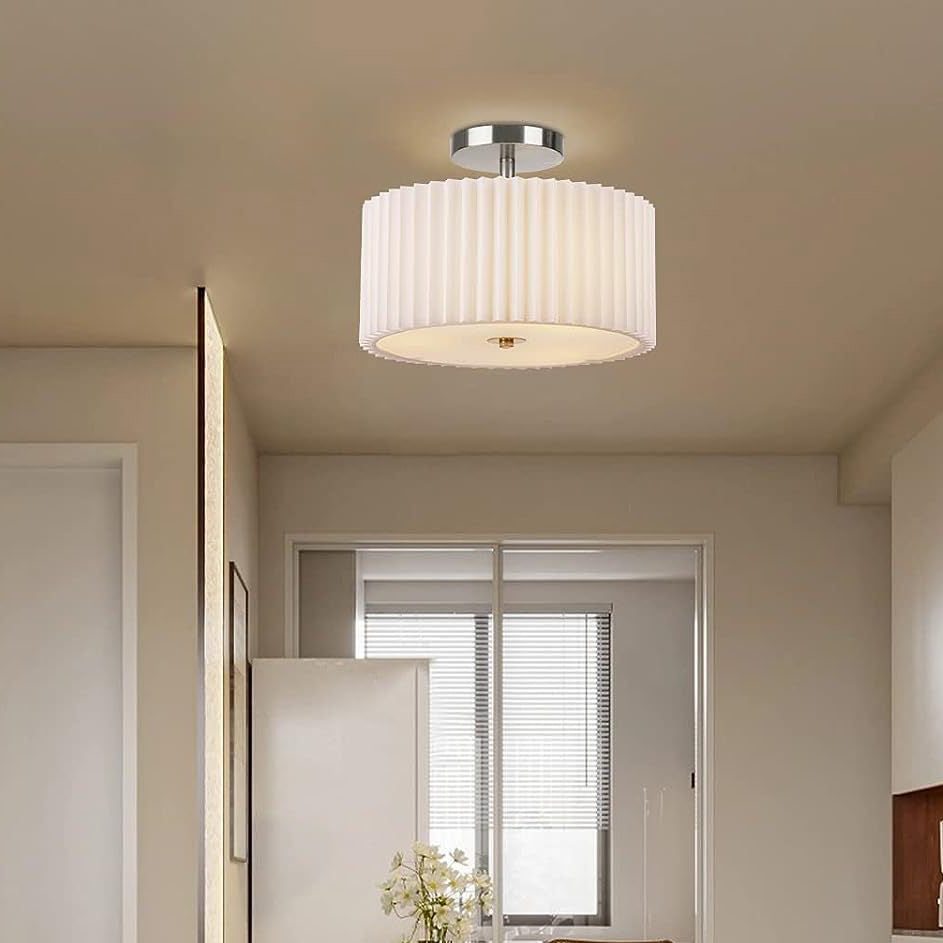 Modern Minimalist Pleated Round Cylinder Metal Fabric Acrylic 3-Light Semi-Flush Mount Ceiling Light For Bedroom