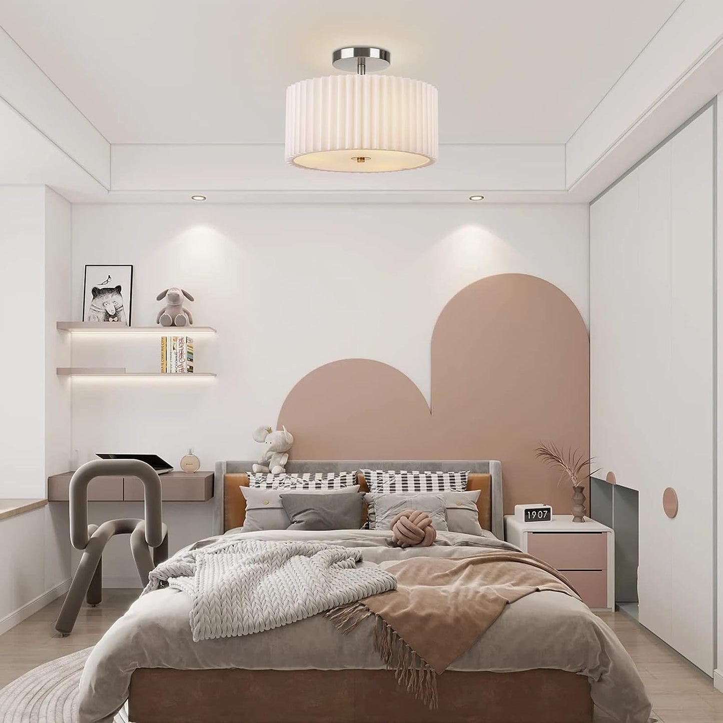 Modern Minimalist Pleated Round Cylinder Metal Fabric Acrylic 3-Light Semi-Flush Mount Ceiling Light For Bedroom