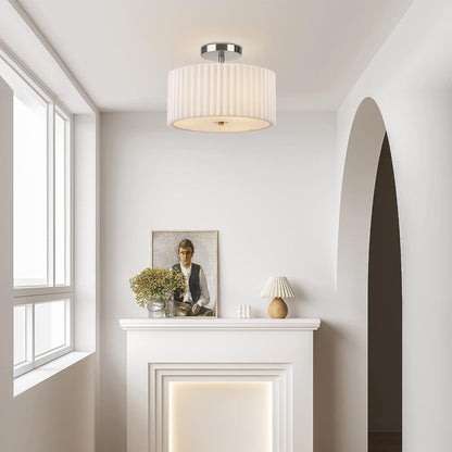 Modern Minimalist Pleated Round Cylinder Metal Fabric Acrylic 3-Light Semi-Flush Mount Ceiling Light For Bedroom