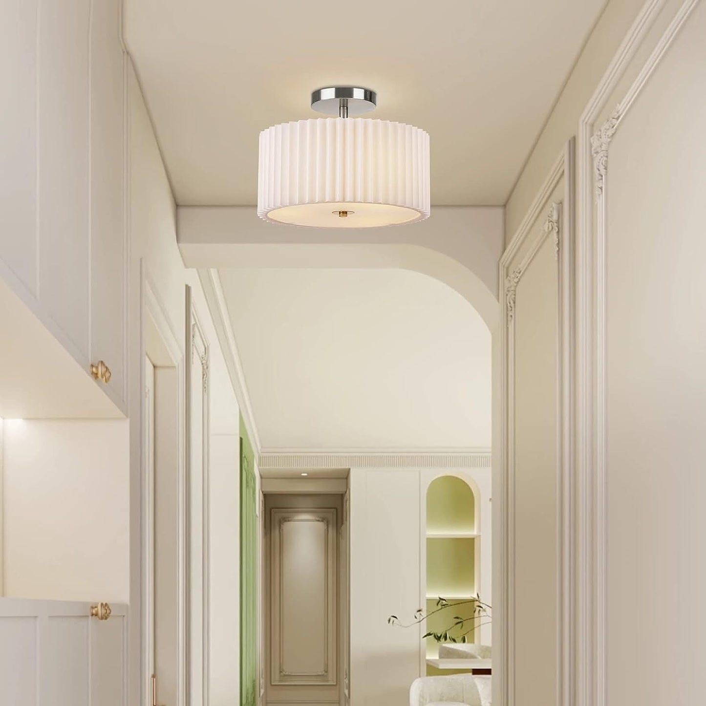 Modern Minimalist Pleated Round Cylinder Metal Fabric Acrylic 3-Light Semi-Flush Mount Ceiling Light For Bedroom