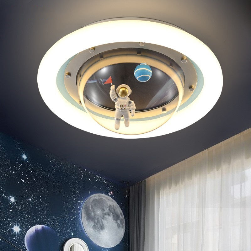 Contemporary Creative Boy Astronaut Round Dome Hardware Acrylic LED Flush Mount Ceiling Light For Bedroom
