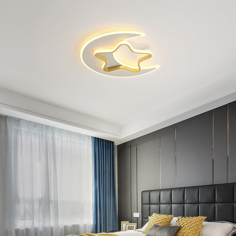 Contemporary Creative Moon Star Iron Acrylic LED Flush Mount Ceiling Light For Bedroom