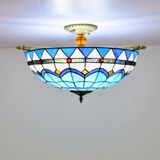 Traditional Tiffany Round Semi-Circle Oval Iron Stained Glass 5-Light Semi-Flush Mount Ceiling Light For Bedroom
