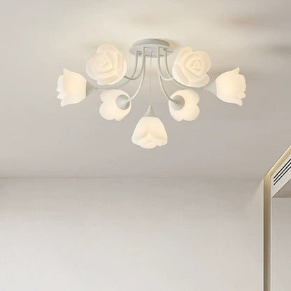 Modern Art Deco Cream Round Rose Iron Rotational Molding 7/11/13 Light Semi-Flush Mount Ceiling Light For Bedroom