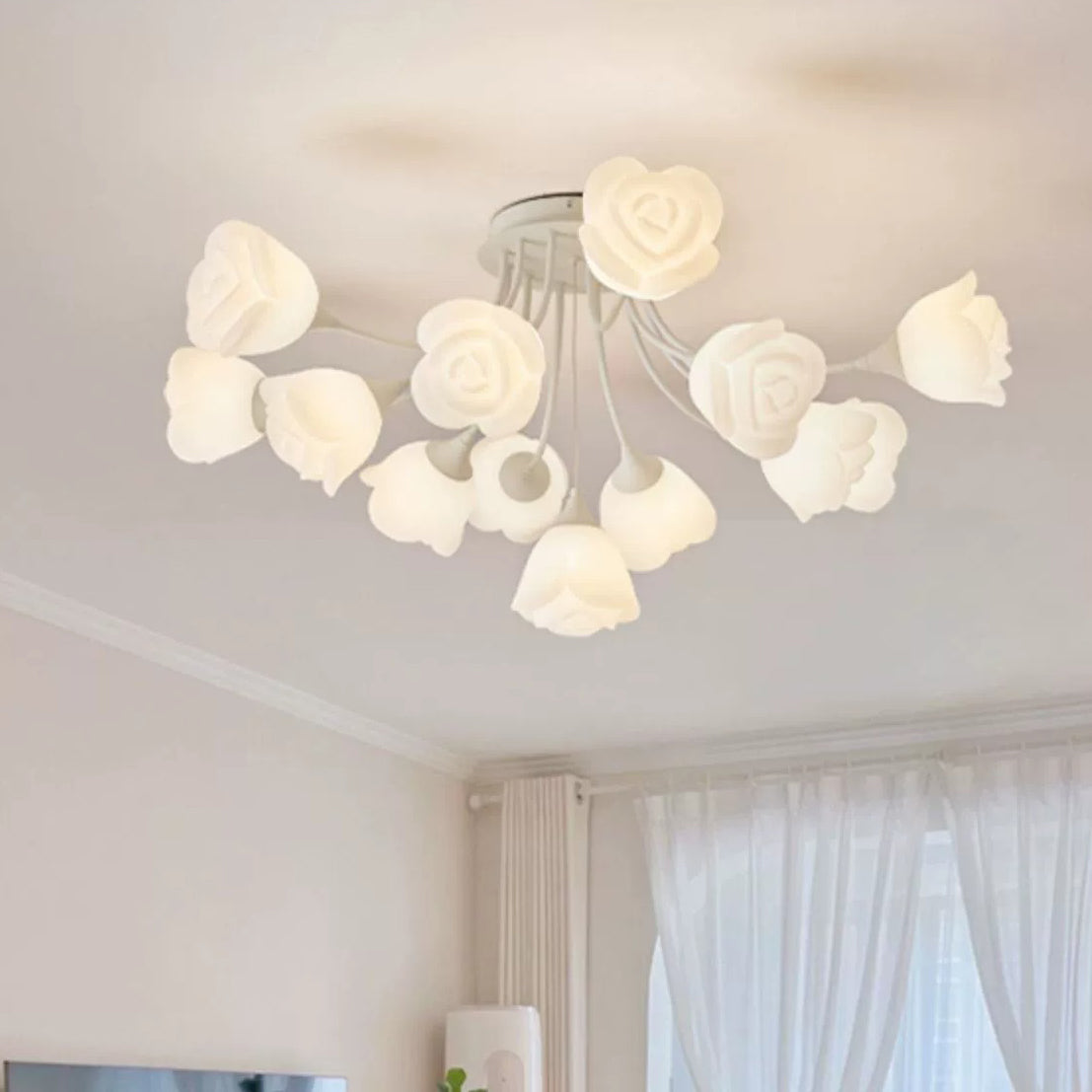 Modern Art Deco Cream Round Rose Iron Rotational Molding 7/11/13 Light Semi-Flush Mount Ceiling Light For Bedroom