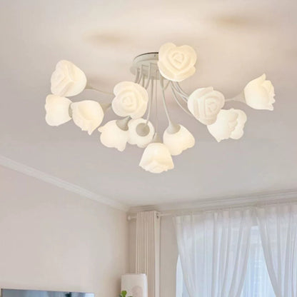 Modern Art Deco Cream Round Rose Iron Rotational Molding 7/11/13 Light Semi-Flush Mount Ceiling Light For Bedroom