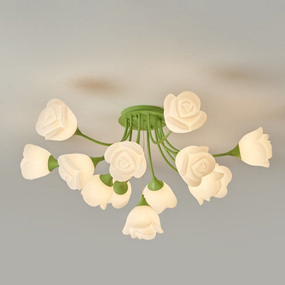 Modern Art Deco Cream Round Rose Iron Rotational Molding 7/11/13 Light Semi-Flush Mount Ceiling Light For Bedroom