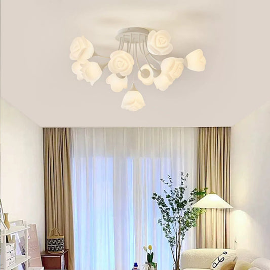 Modern Art Deco Cream Round Rose Iron Rotational Molding 7/11/13 Light Semi-Flush Mount Ceiling Light For Bedroom