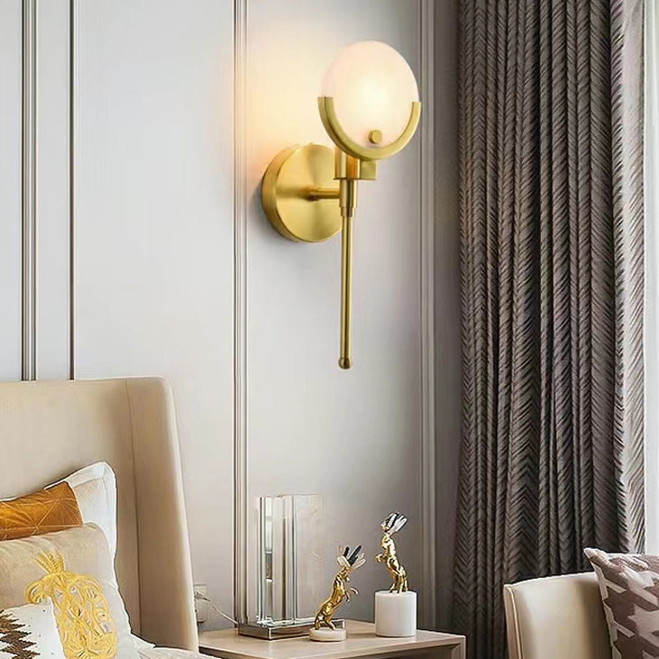 Contemporary Scandinavian Round Linear Iron Marble 1-Light Wall Sconce Lamp For Bedroom