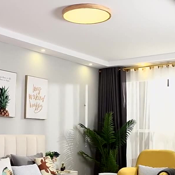 Modern Minimalist Round Dome Rubberwood Acrylic LED Flush Mount Ceiling Light For Bedroom