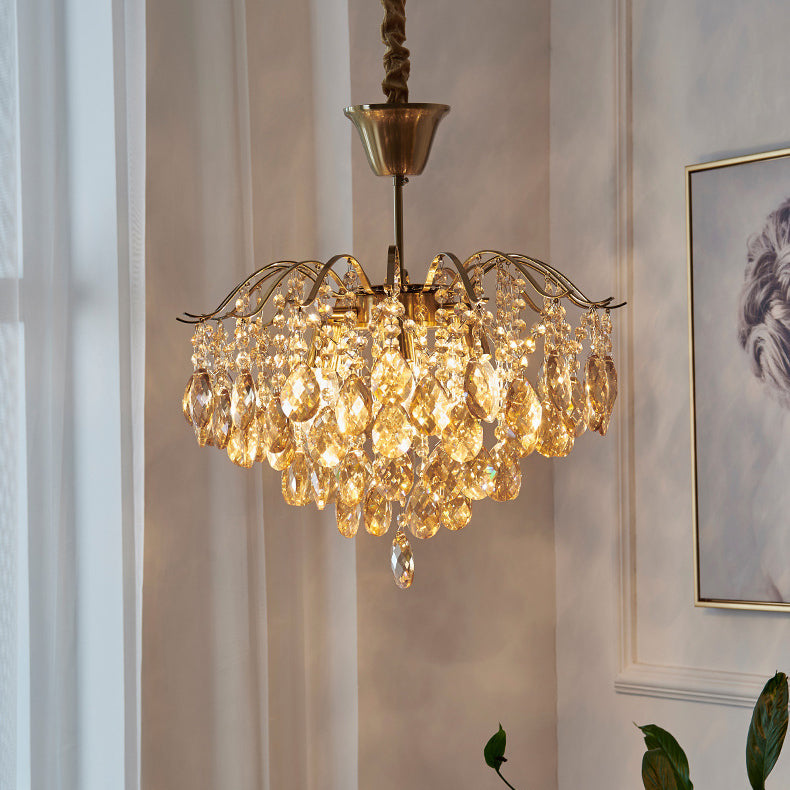 Traditional French Tassel Round Copper Crystal 5/6/8/12 Light Chandelier For Living Room