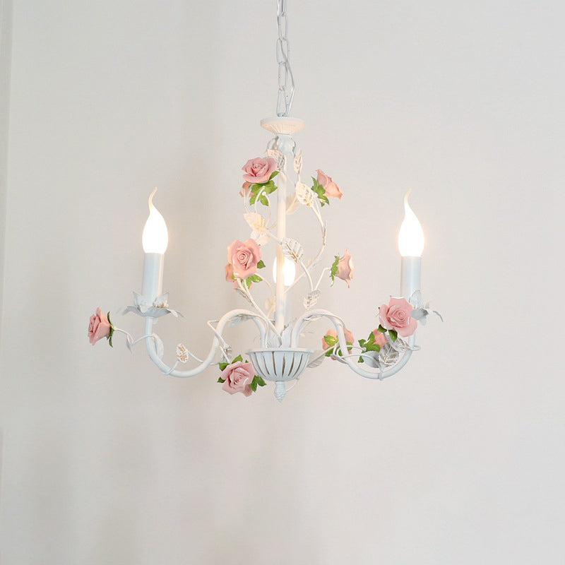 Traditional French Rose Candle Dendritic Round Iron Ceramic 3/6/8 Light Chandelier For Living Room
