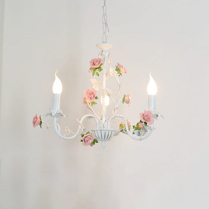 Traditional French Rose Candle Dendritic Round Iron Ceramic 3/6/8 Light Chandelier For Living Room