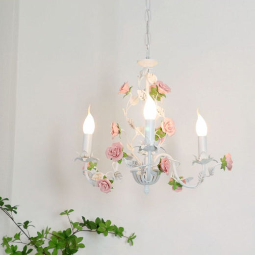 Traditional French Rose Candle Dendritic Round Iron Ceramic 3/6/8 Light Chandelier For Living Room