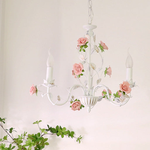 Traditional French Rose Candle Dendritic Round Iron Ceramic 3/6/8 Light Chandelier For Living Room