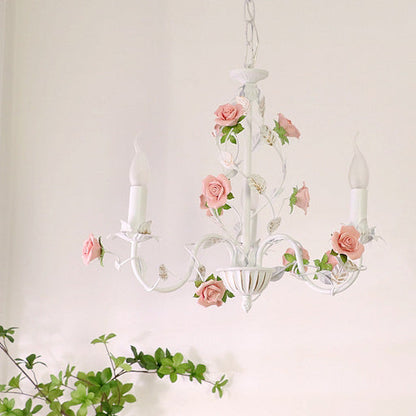 Traditional French Rose Candle Dendritic Round Iron Ceramic 3/6/8 Light Chandelier For Living Room