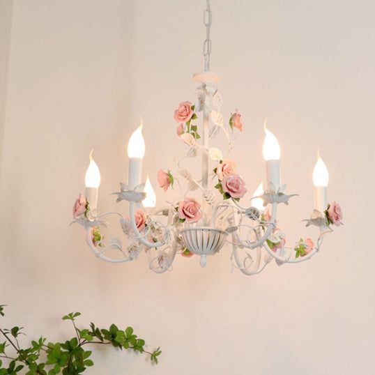 Traditional French Rose Candle Dendritic Round Iron Ceramic 3/6/8 Light Chandelier For Living Room