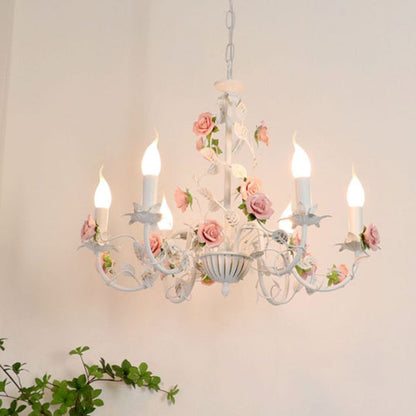 Traditional French Rose Candle Dendritic Round Iron Ceramic 3/6/8 Light Chandelier For Living Room