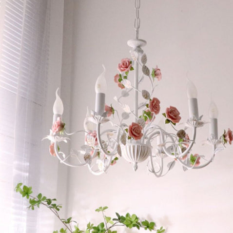 Traditional French Rose Candle Dendritic Round Iron Ceramic 3/6/8 Light Chandelier For Living Room