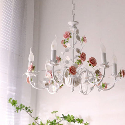 Traditional French Rose Candle Dendritic Round Iron Ceramic 3/6/8 Light Chandelier For Living Room