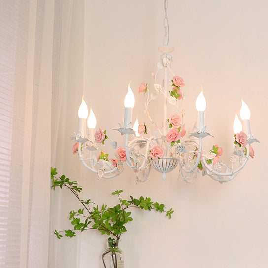 Traditional French Rose Candle Dendritic Round Iron Ceramic 3/6/8 Light Chandelier For Living Room