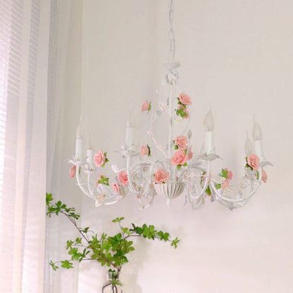 Traditional French Rose Candle Dendritic Round Iron Ceramic 3/6/8 Light Chandelier For Living Room