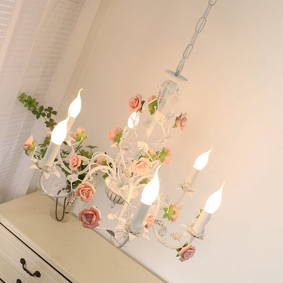 Traditional French Rose Candle Dendritic Round Iron Ceramic 3/6/8 Light Chandelier For Living Room