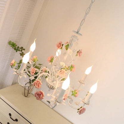 Traditional French Rose Candle Dendritic Round Iron Ceramic 3/6/8 Light Chandelier For Living Room