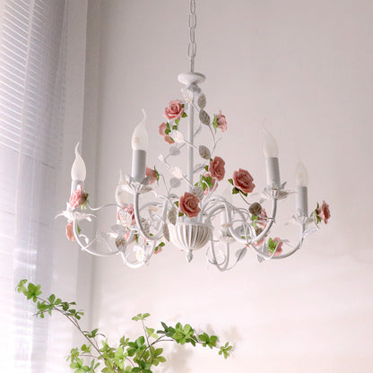 Traditional French Rose Candle Dendritic Round Iron Ceramic 3/6/8 Light Chandelier For Living Room