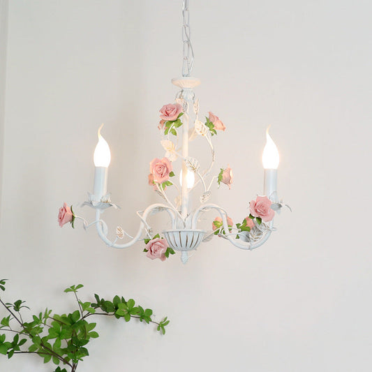 Traditional French Rose Candle Dendritic Round Iron Ceramic 3/6/8 Light Chandelier For Living Room