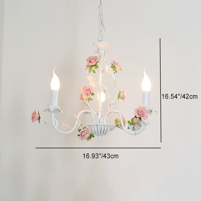 Traditional French Rose Candle Dendritic Round Iron Ceramic 3/6/8 Light Chandelier For Living Room