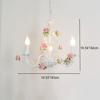 Traditional French Rose Candle Dendritic Round Iron Ceramic 3/6/8 Light Chandelier For Living Room