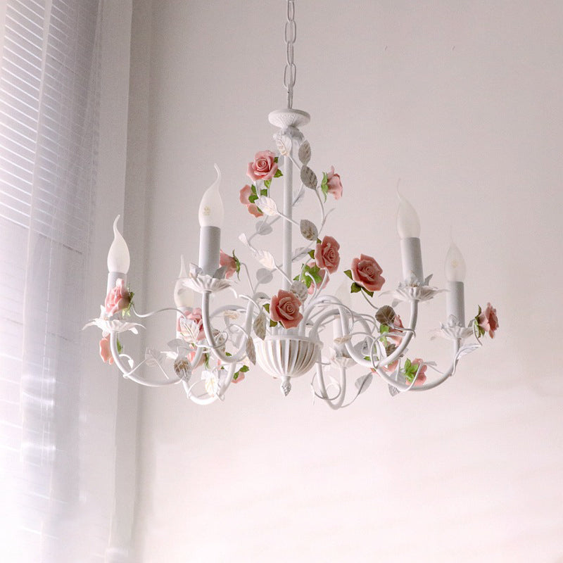Traditional French Rose Candle Dendritic Round Iron Ceramic 3/6/8 Light Chandelier For Living Room