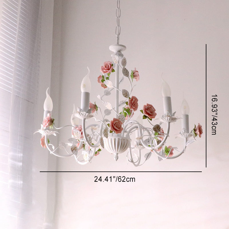 Traditional French Rose Candle Dendritic Round Iron Ceramic 3/6/8 Light Chandelier For Living Room
