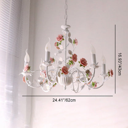 Traditional French Rose Candle Dendritic Round Iron Ceramic 3/6/8 Light Chandelier For Living Room