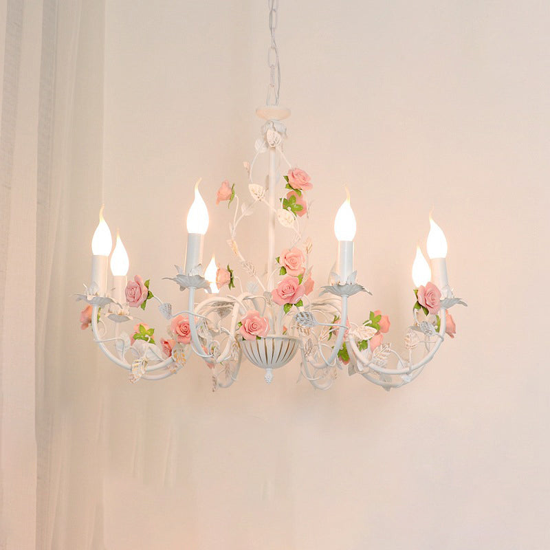 Traditional French Rose Candle Dendritic Round Iron Ceramic 3/6/8 Light Chandelier For Living Room