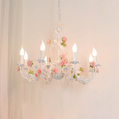 Traditional French Rose Candle Dendritic Round Iron Ceramic 3/6/8 Light Chandelier For Living Room