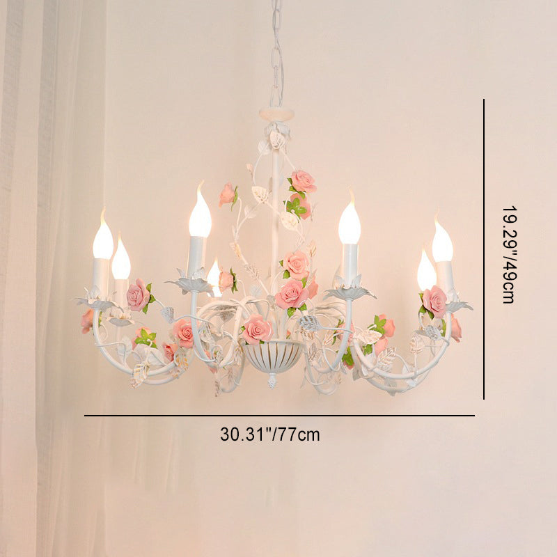 Traditional French Rose Candle Dendritic Round Iron Ceramic 3/6/8 Light Chandelier For Living Room