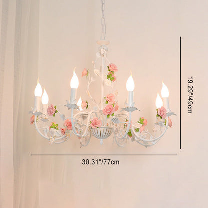 Traditional French Rose Candle Dendritic Round Iron Ceramic 3/6/8 Light Chandelier For Living Room