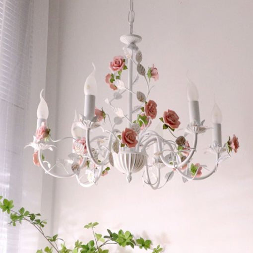 Traditional French Rose Candle Dendritic Round Iron Ceramic 3/6/8 Light Chandelier For Living Room