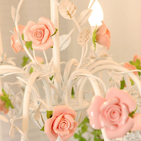 Traditional French Rose Candle Dendritic Round Iron Ceramic 3/6/8 Light Chandelier For Living Room