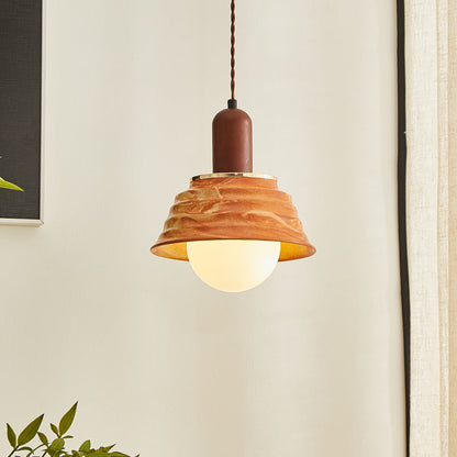 Traditional Japanese Round Floral Wood Ceramic 1-Light Pendant Light For Bedroom