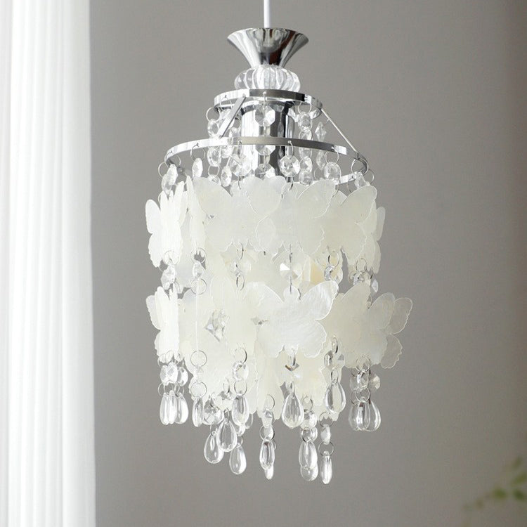 Modern Art Deco Cream Butterfly Shell Wind Chime Iron Crystal 1-Light Pendant Light For Bedroom