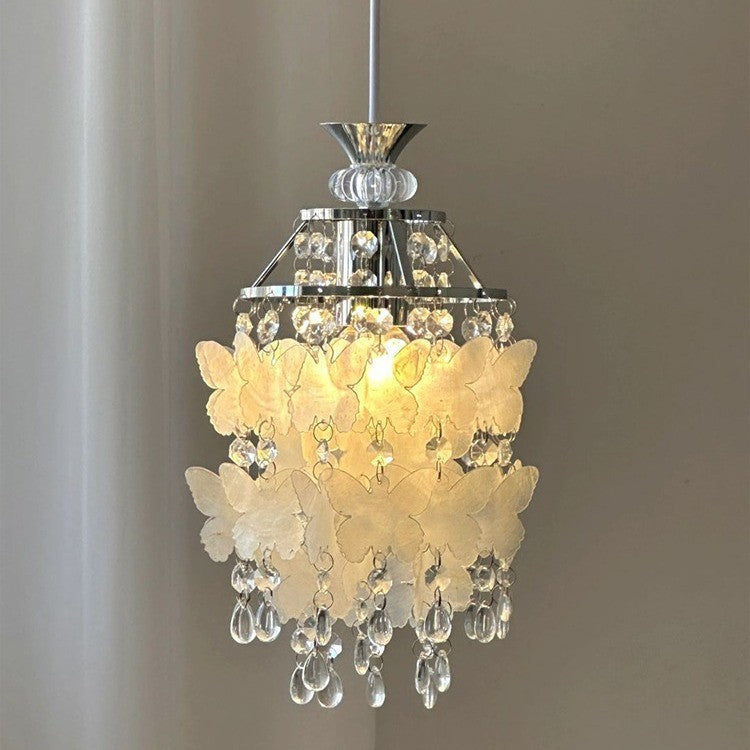 Modern Art Deco Cream Butterfly Shell Wind Chime Iron Crystal 1-Light Pendant Light For Bedroom