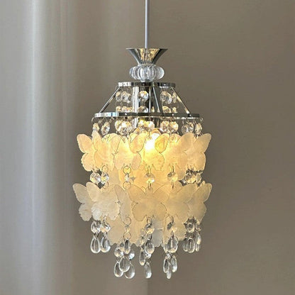 Modern Art Deco Cream Butterfly Shell Wind Chime Iron Crystal 1-Light Pendant Light For Bedroom